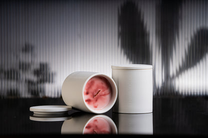 Blaze candle is placed on a black reflective surface, with blurred plant shadows in the background. This portrait showcases the timeless ceramic vessel, as well as the luxury wax blend that is aesthetically colored. 