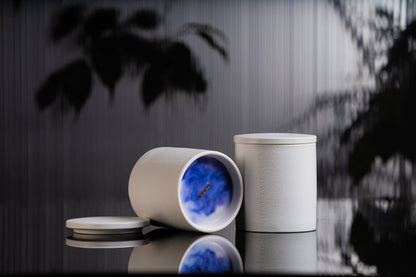 Radiance candle is placed on a black reflective surface, with blurred plant shadows in the background. This portrait showcases the timeless ceramic vessel, as well as the luxury wax blend that is aesthetically colored. 